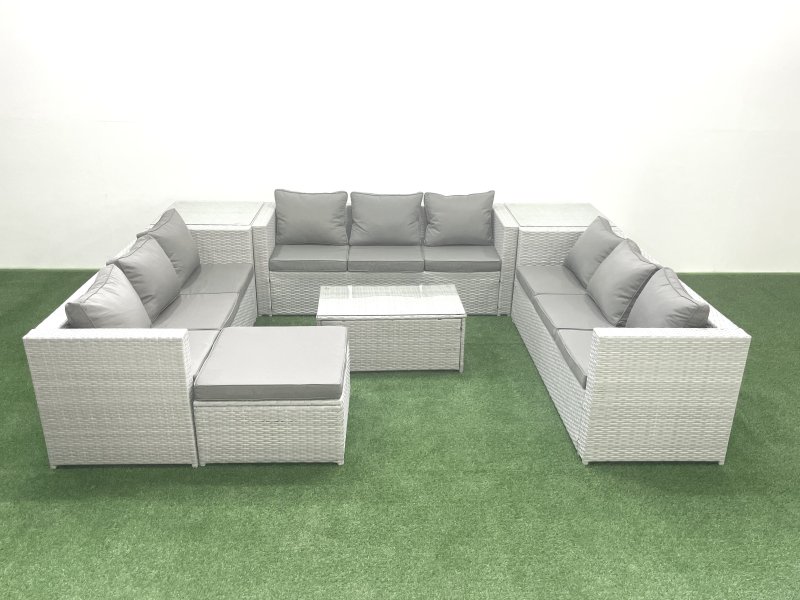 Fimous Rattan Garden Outdoor Furniture Set 10 Seater Garden Sofa Coffee Table Set with Big Footstool 2 Side Tables Light Grey Mixed
