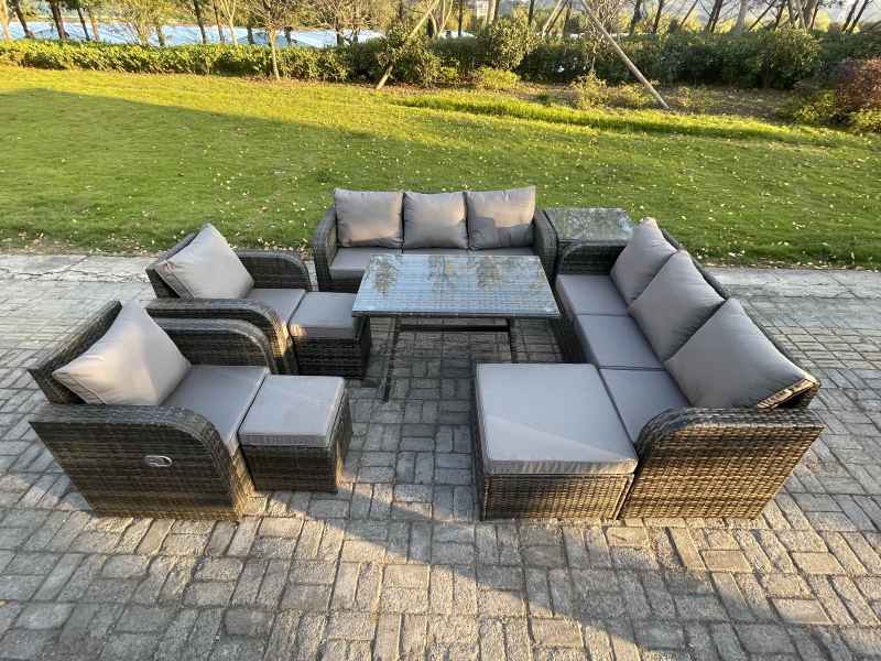 Fimous 11 Seater Rattan Outdoor Garden Furniture Sofa Set Patio Table & Chairs Set with 3 Seater Sofa Rectangular Dining Table 3 Footstool Side Table Dark Grey Mixed