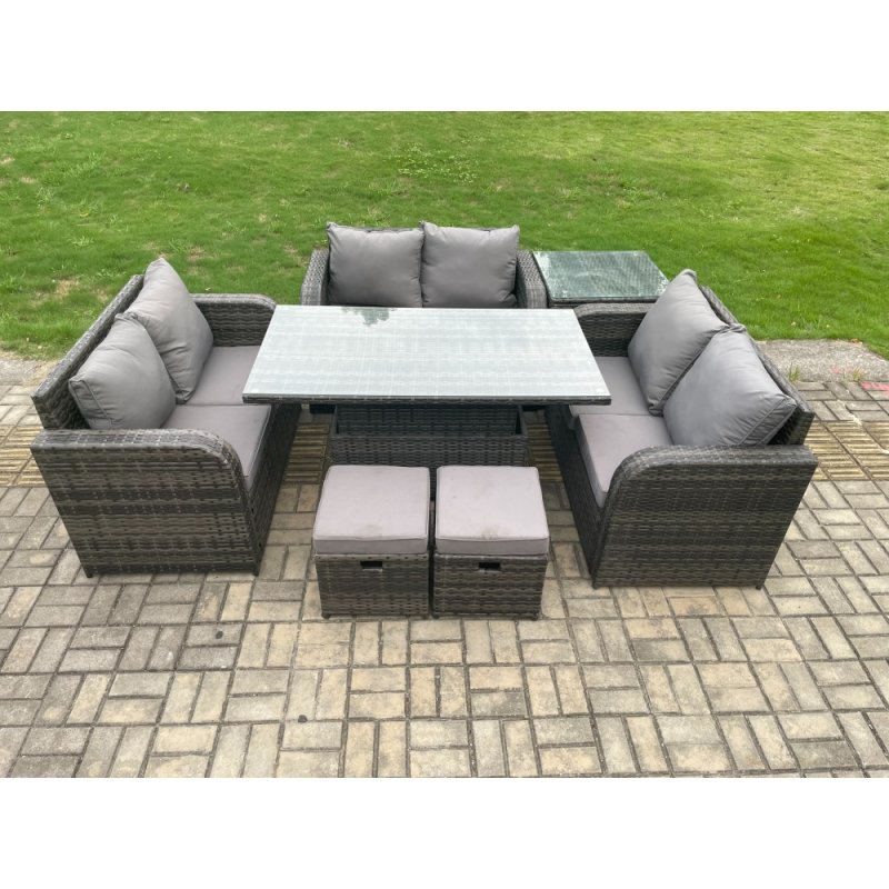 Fimous Rattan Garden Outdoor Furniture 3 PC Love Sofa Set Patio Adjustable Rising lifting Dining Table With Side Table 2 Small Footstools
