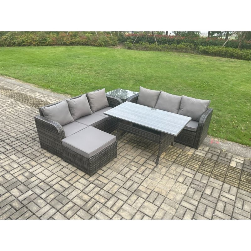 Fimous Rattan Garden Furniture Set with Oblong Rectangular Dining Table Big Footstool Side Table 5 Pieces Outdoor Lounge Sofa Set Dark Grey Mixed