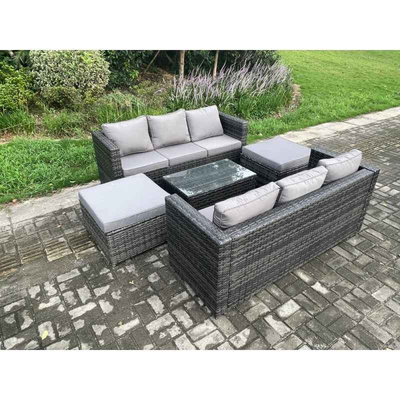 Fimous Rattan Garden Furniture Set Indoor Outdoor Patio Sofa Set with Oblong Coffee Table 2 Big Footstool 8 Seater Dark Grey Mixed