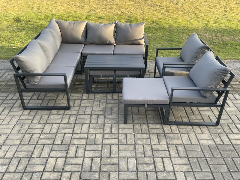Fimous 10 Seater Aluminium Outdoor Garden Furniture Set Patio Lounge Sofa with Oblong Coffee Table 3 Footstools Dark Grey
