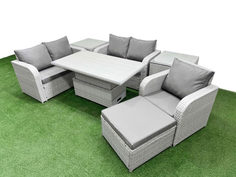 Fimous High Back Poly Rattan Garden Furniture Set with Reclining Chair Loveseat Sofa Adjustable Lifting Dining or Coffee Table Indoor Outdoor Patio Set Big Stool 2 Side Table Light Grey