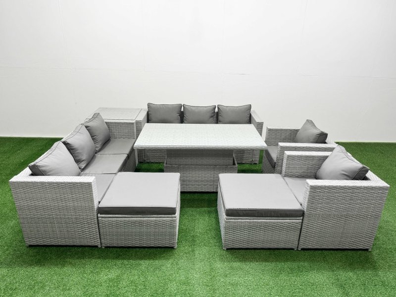Fimous 8 PCs Rising Dining Table Set Rattan Furniture Set with 3 Seater Sofa Chair 2 Big Footstools Side Table Light Grey
