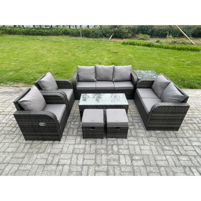 Fimous Outdoor Rattan Garden Furniture Set Rattan Lounge Sofa Set with Rectangular Coffee Table Side Table 2 Small Footstools Dark Grey Mixed