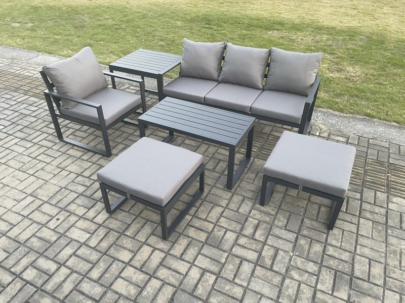 Fimous Aluminium 6 Pieces Garden Furniture Sofa Set with Cushions 6 Seater Outdoor Patio Set with Armchair 2 Big Footstools Side Table Dark Grey