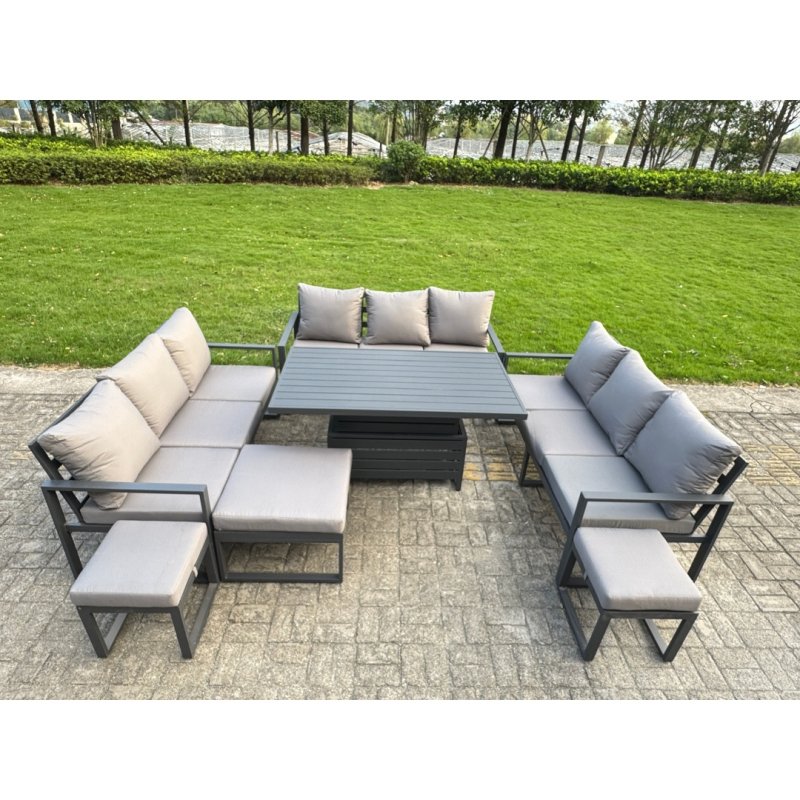 Fimous Aluminum Outdoor Patio Furniture Set Modern Patio Conversation Sets with Adjustable Rising Lifting Dining Table 2 Big Footstools 2 Side Tables Dark Grey