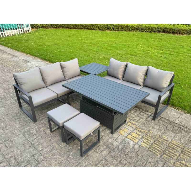 Fimous 5 Pieces Garden Furniture Set Aluminium Adjustable Rising Lifting Dining Table and Sofa Set with 2 Small Footstools Dark Grey