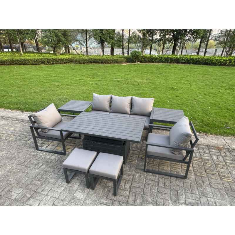 Fimous 7-Piece Aluminium Garden Furniture Sets 7 Seater Outdoor Sofa Set with Adjustable Rising Lifting Dining Table 2 Chairs 2 Small Footstools Side Table