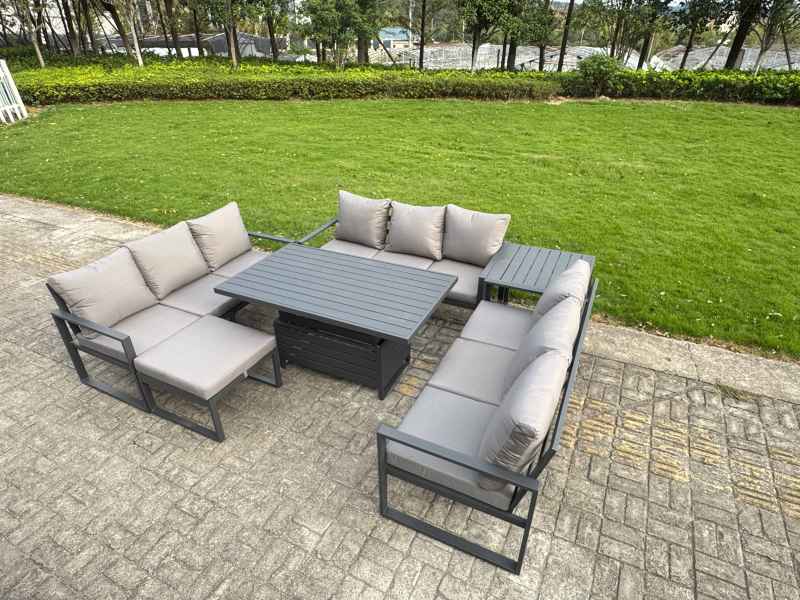 Fimous U-shaped Garden Furniture Set 10-Seater Aluminium Outdoor Dining Set with Adjustable Rising Lifting Dining Table Big Footstool Dark Grey