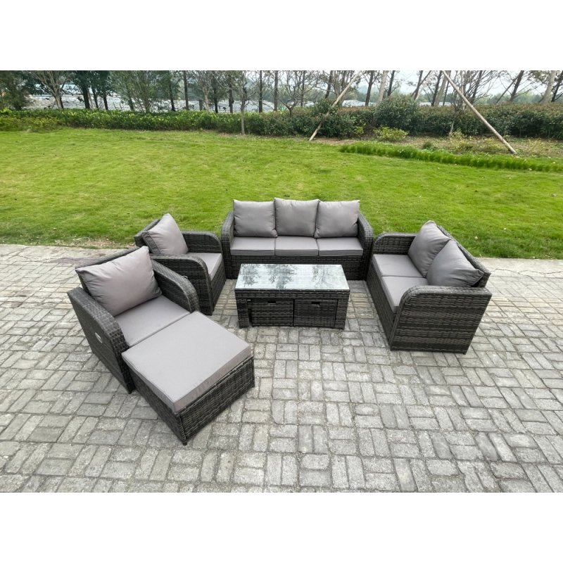 Fimous Outdoor Rattan Garden Furniture Set Rattan Lounge Sofa Set with Rectangular Coffee Table 3 Footstools Dark Grey Mixed