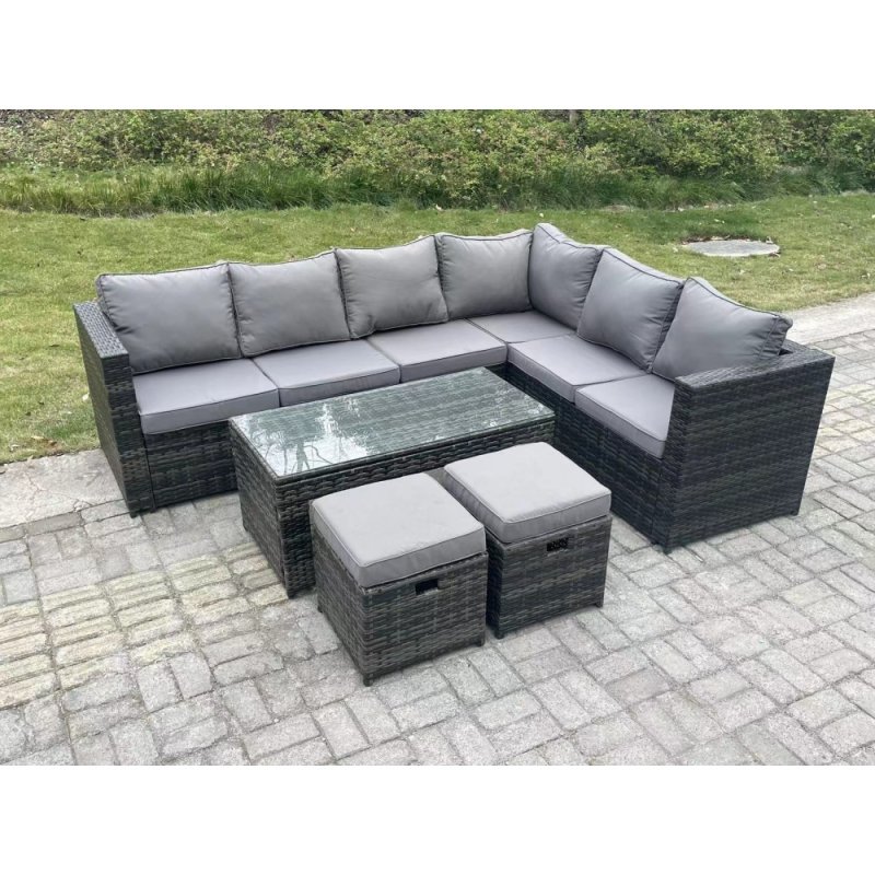 Fimous 8 Seater Rattan Corner Sofa Lounge Sofa Set With Rectangular Coffee Table 2 Stool Dark Grey Mixed Right Hand
