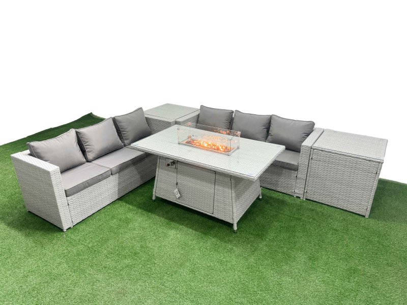 Fimous PE Rattan Lounge Sofa Set Outdoor Garden Furniture Set with Firepit Dining Table 3 Seater Sofa 2 Side Table Light Grey