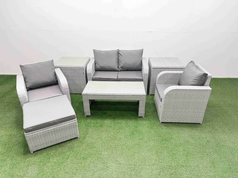 Fimous Light Grey PE Wicker Rattan Garden Furniture Set Sofa Set Reclining Adjustable Chair Oblong Coffee Table 5 Seater With Footstool 2 Side Table