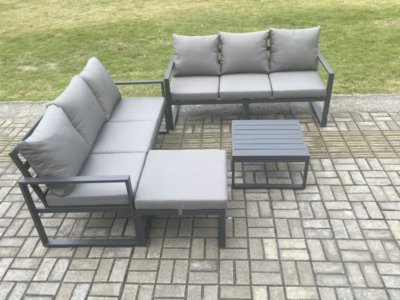 Fimous Aluminium 4 Pieces Garden Furniture Sofa Set with Cushions 7 Seater Outdoor Patio Set with Square Coffee Table Big Footstool Dark Grey