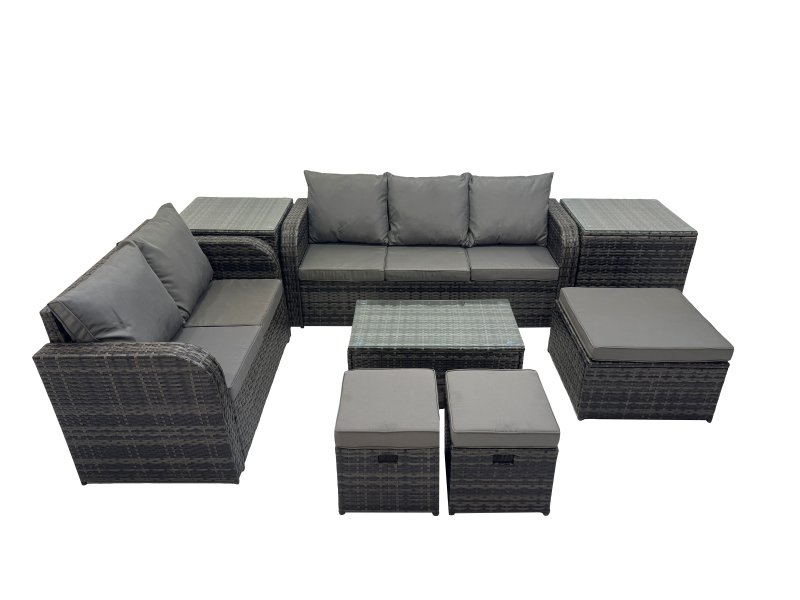 Fimous Outdoor Love Sofa 3 Seater Sofa Coffee Table Set Garden Rattan Furniture Set 8 Seater with 2 Side Tables 3 Stools Dark Grey