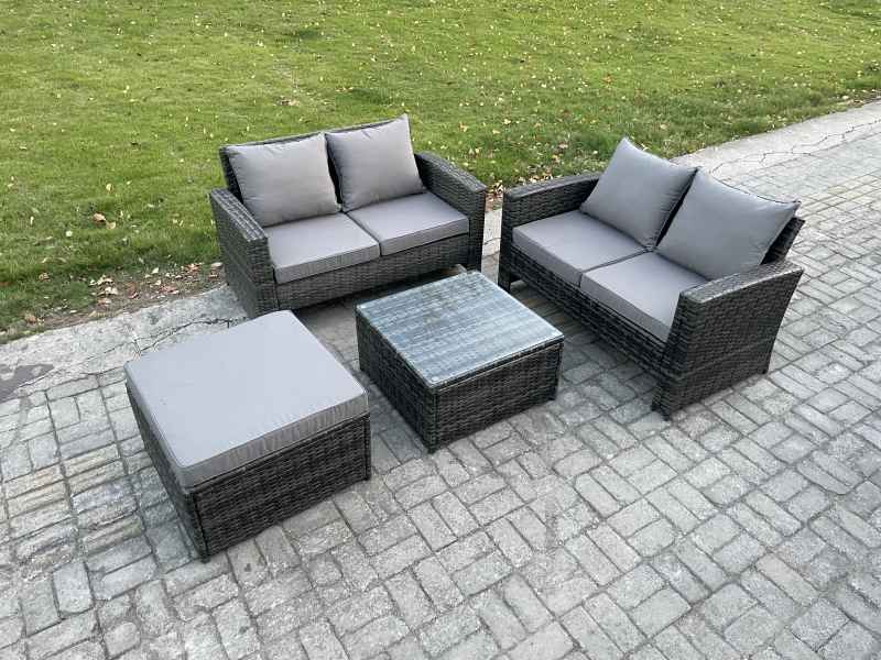 Fimous Rattan Garden Furniture Set 4 piece Patio Rattan Furniture Sofa Weaving Wicker includes 2 Double Seat Sofa, Coffee Table and Big Footstool
