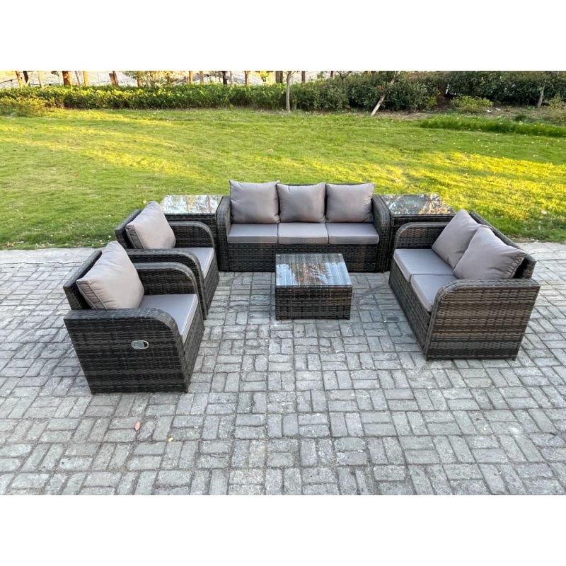 Fimous 7 Seater Garden Furniture Set Rattan Outdoor Lounge Sofa Chair With Tempered Glass Table 2 Side Tables Dark Grey Mixed