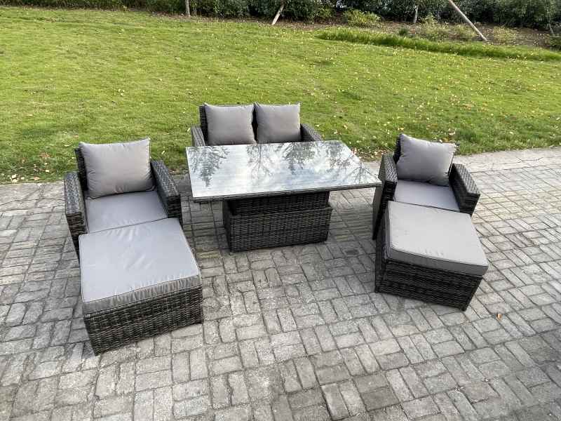Fimous Wicker Rattan Garden Furniture Rising Table Set with 2 Big Footstool Double Seat Sofa Armchairs Dark Grey Mixed