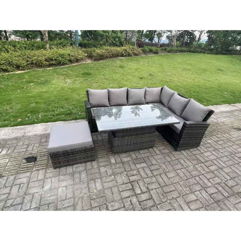 Fimous 7 Seater?Outdoor Rattan High Back Adjustable Rising Lifting Dining Table Corner Sofa Set Garden Furniture Dark Grey Mixed Right Hand
