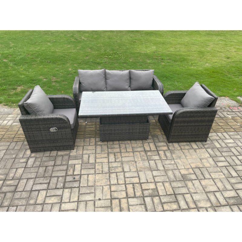 Fimous Rattan Outdoor Garden Furniture Sets Height Adjustable Rising lifting Dining Table Lounge Sofa Set With Reclining Chair Dark Grey Mixed