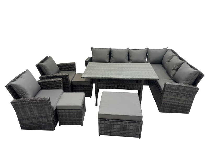 Fimous Rattan Garden Furniture Set Outdoor 11 Seater Patio Dining Corner Sofa Sets with Dining Table Chair Dark Grey Mixed