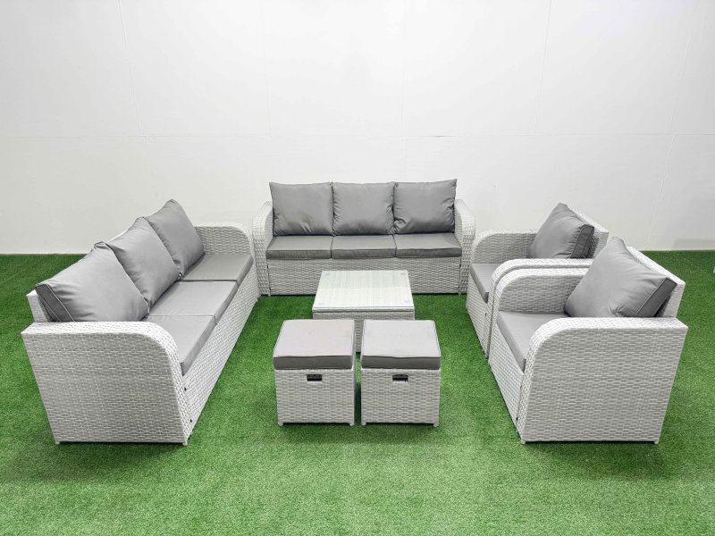 Fimous PE Rattan High Back Lounge Sofa Set Patio Square Coffee Table & Chairs Set with 3 Seater Sofa Reclining Chair Stools Light Grey