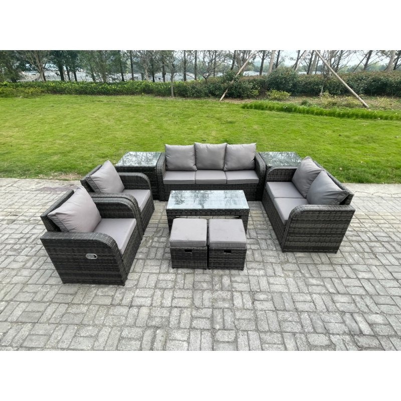 Fimous 9 Seater Outdoor Rattan Garden Furniture Set Rattan Lounge Sofa Set with Rectangular Coffee Table 2 Side Tables 2 Small Footstools Dark Grey Mixed