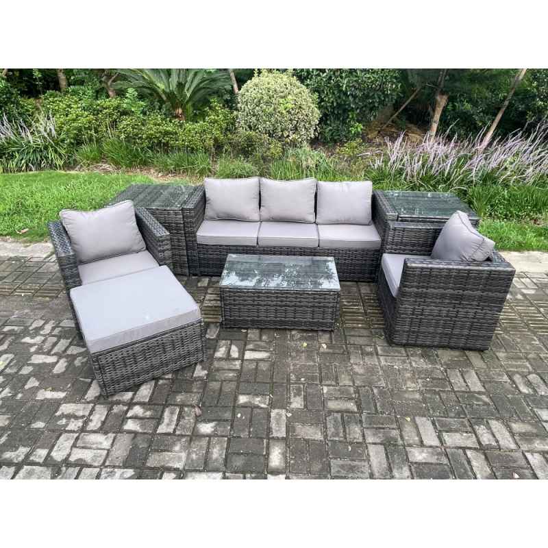 Fimous Outdoor Rattan Garden Furniture Set with 3 Seater Sofa Coffee Table 2 Side Tables 2 Armchairs Big Footstool Patio Lounge Sofa Set Dark Grey Mixed