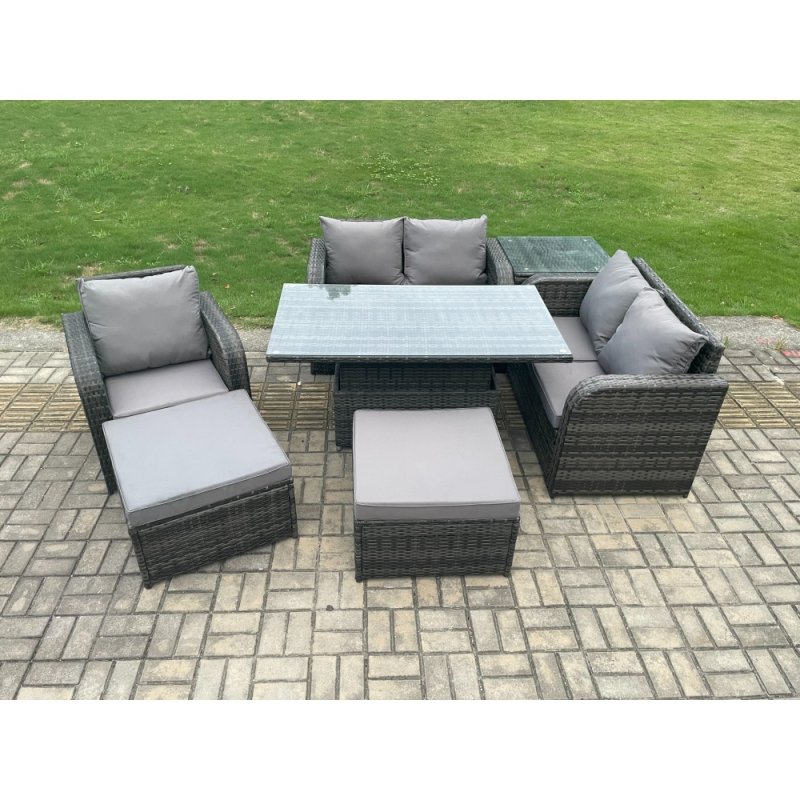 Fimous 7 Seater Rattan Furniture Garden Dining Set Outdoor Height Adjustable Rising lifting Table Love Sofa Chair With Side Table 2 Big Footstool