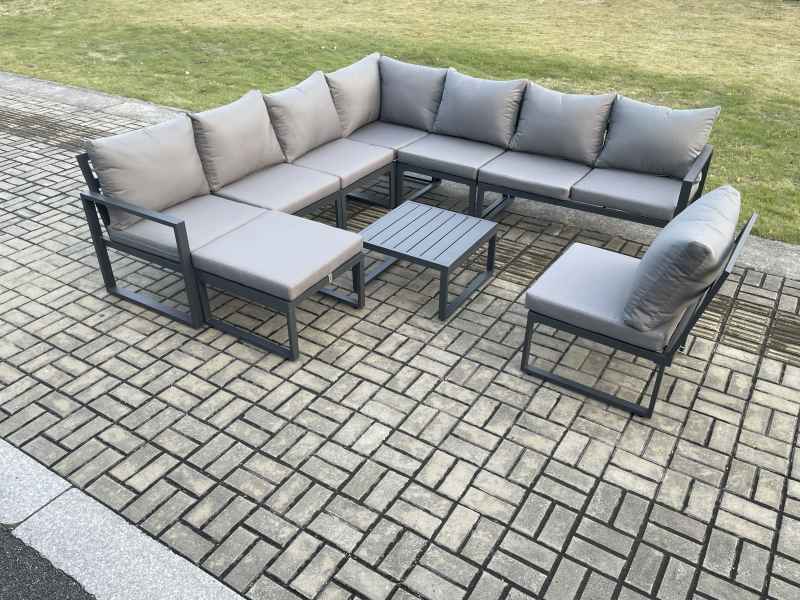 Fimous 9 Seater Patio Outdoor Garden Furniture Aluminium Lounge Corner Sofa Set with Square Coffee Table Big Footstool Dark Grey