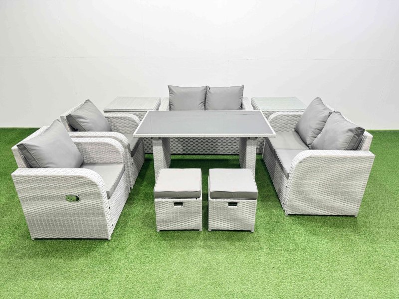 Fimous 9 Pieces Outdoor PE Rattan Sofa Reclining Chair Set Patio Garden Furniture Sets with Cushions 2 Side Tables 2 Small Stools Light Grey