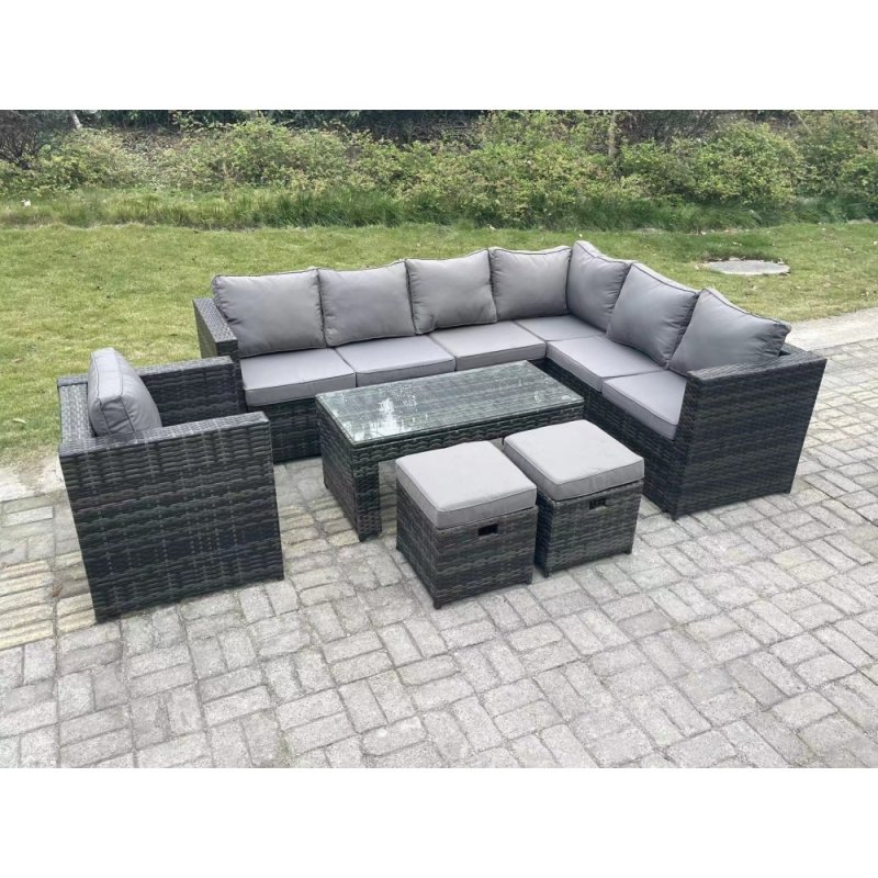 Fimous 9 Seater Rattan Corner Sofa Lounge Sofa Set With Rectangular Coffee Table 2 Stool Dark Grey Mixed Right Hand
