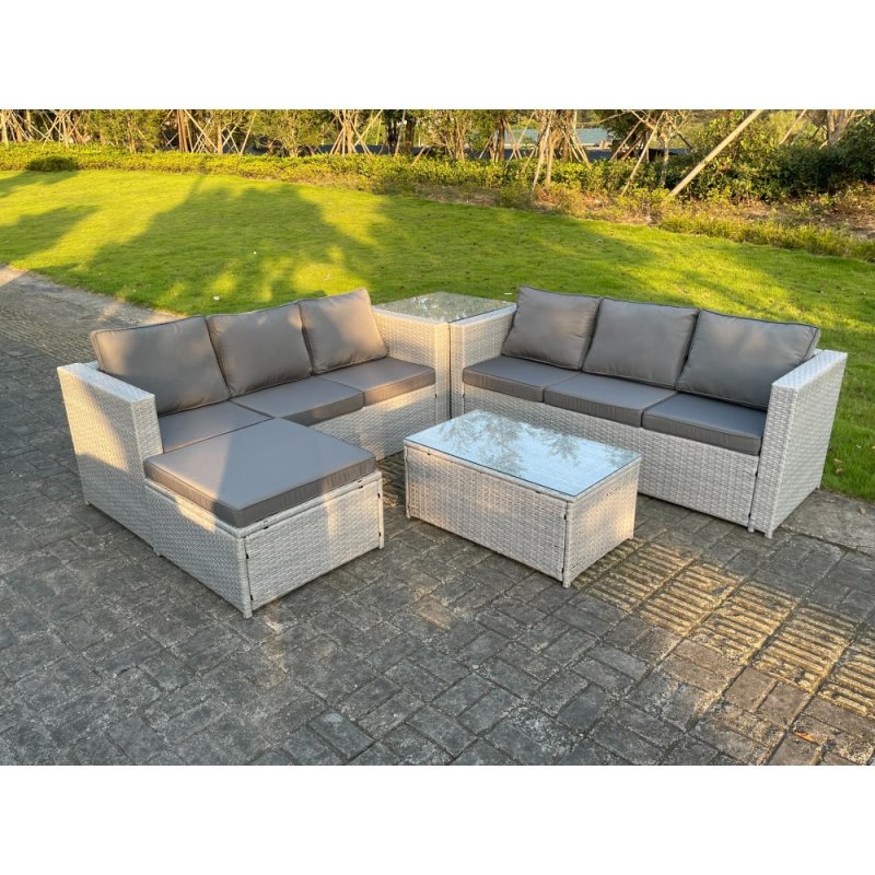 Fimous Light Grey Outdoor Rattan Garden Furniture Set Lounge Sofa Set 2 Coffee Table Big Footstool