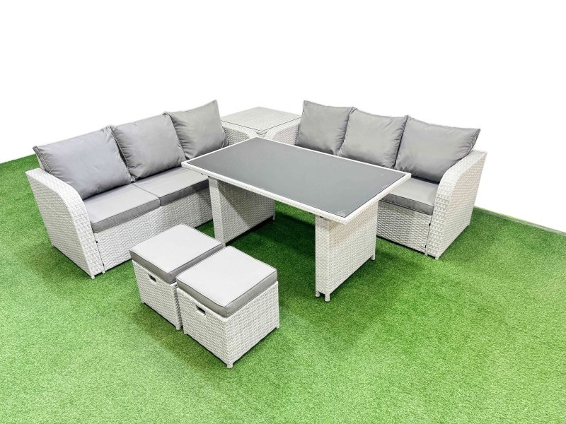Fimous 8 Seater Rattan Outdoor Dining Table 3 Seater Sofa Set with Side Table 2 Small Stools Light Grey