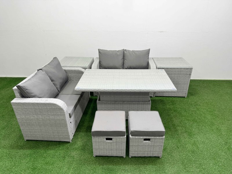 Fimous 6 Seater Outdoor Love Sofa Set Rattan Garden Furniture Set with Adjustable Lifting Dining or Coffee Table 2 Small Stools 2 Side Tables Light Grey