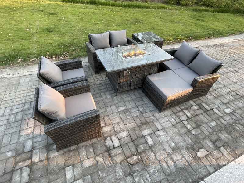 Fimous Wicker PE Rattan Garden Furniture Sets 7 Seater Patio Outdoor Gas Firepit Dining Table Heater Set with Double Seat Sofa Side Table Big Footstool Dark Grey Mixed