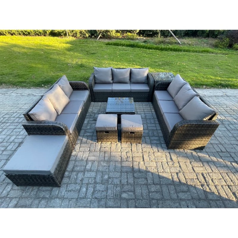 Fimous 12 Seater Rattan Outdoor Furniture Set Patio Garden Sofa Set with Square Coffee Table 3 Seater Sofa 3 Footstools Side Table Dark Grey Mixed