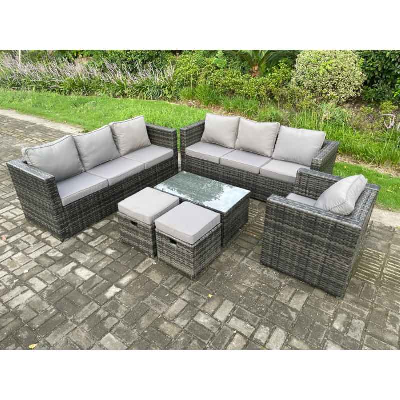 Fimous Wicker PE Rattan Sofa Set Outdoor Patio Garden Furniture with Armchair Oblong Coffee Table 2 Small Footstools Dark Grey Mixed