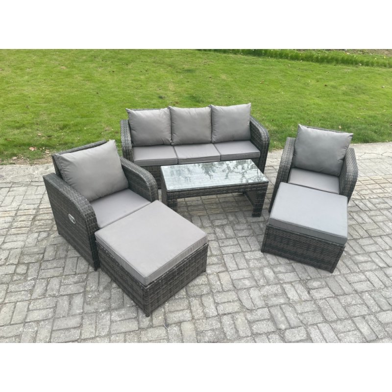 Fimous 7 Seater Rattan Wicker Garden Furniture Patio Conservatory Sofa Set with Rectangular Coffee Table Reclining Chair 2 Big Footstool
