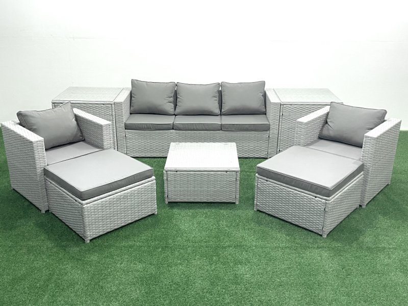 Fimous 7 Seater Rattan Garden Furniture Set with 3 Seater Sofa 2 Chair Square Coffee Table 2 Big Footstools 2 Side Tables Light Grey Mixed