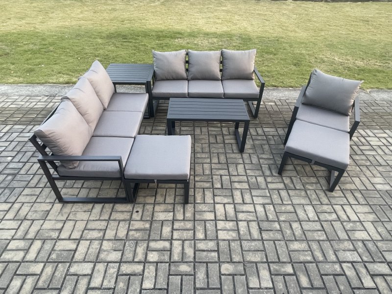 Fimous Aluminium 7 Pieces Garden Furniture Set with Cushions 9 Seater Outdoor Patio Lounge Sofa Set with Armchair 2 Big Footstools Side Table Dark Grey