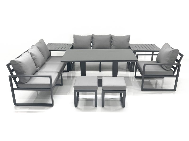 Fimous Outdoor Garden Furniture Set Aluminium Lounge Sofa Adjustable Rising Lifting Dining Table Sets with 2 Small Footstools 2 Side Tables Dark Grey