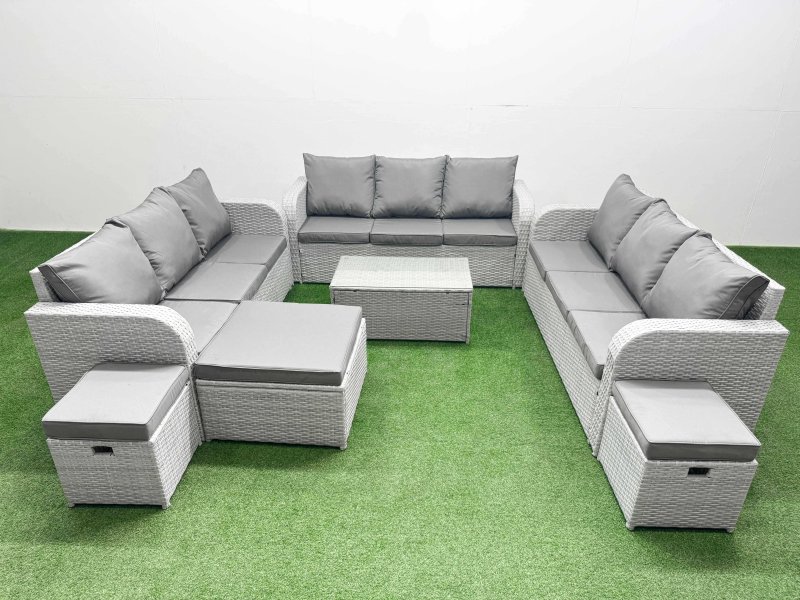 Fimous PE Rattan Lounge Sofa Set 12 Seater Outdoor Garden Furniture Set with Rectangular Coffee Table 3 Seater Sofa 3 Stools Light Grey