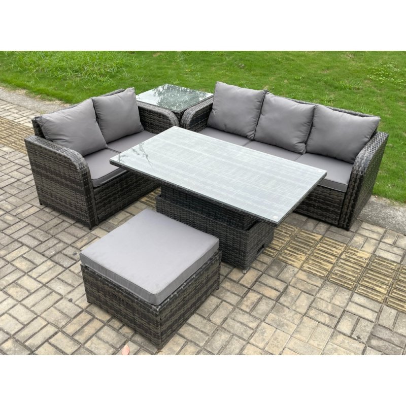 Fimous 6 Seater Outdoor Rattan Garden Furniture Sets Height Adjustable Rising lifting Dining Table Lounge Sofa Set With Side Table Big Footstool Dark Grey Mixed