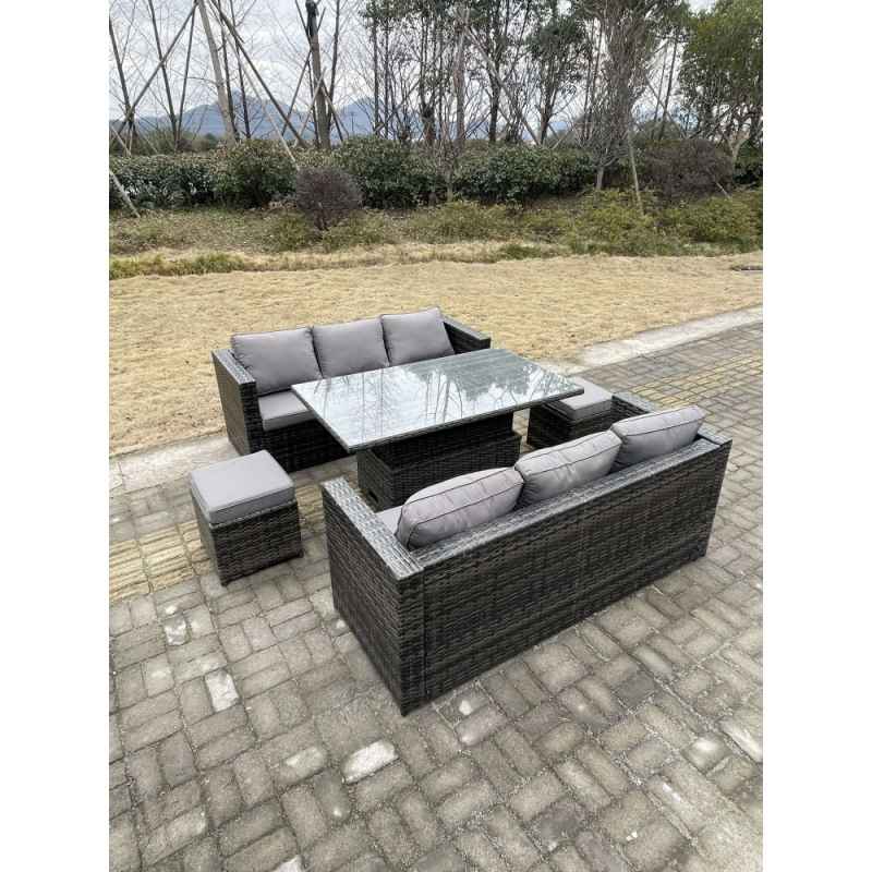 Fimous 8 Seater?Outdoor Rattan Sofa Set Garden Furniture Adjustable Rising Lifting Dining Table Footstools Dark Grey Mixed
