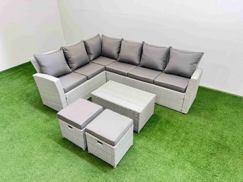 Fimous 8 Seater Garden Outdoor PE Rattan Furniture Set Rattan Garden Sofa Sets with Oblong Coffee Table Light Grey Mixed