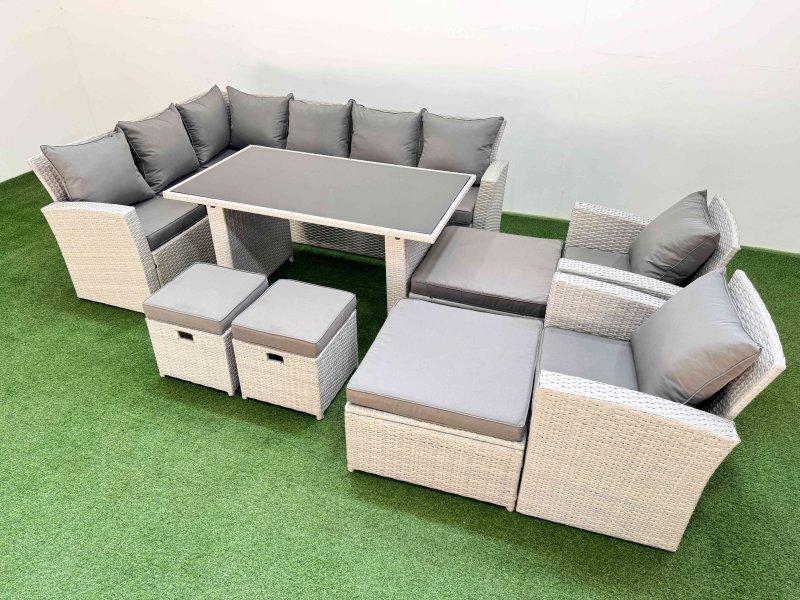Fimous 12 Seater Wicker Rattan Corner Sofa Sets Outdoor Garden Furniture Sets with Rectangular Dining Table Lounge Sofa 4 Footstools Light Grey