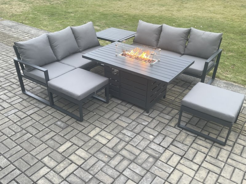 Fimous Aluminium Outdoor Lounge Sofa Garden Furniture Sets Gas Fire Pit Dining Table Set with 2 Big Footstools Side Table Dark Grey