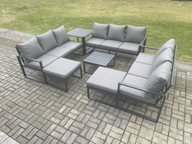 Fimous Aluminium Outdoor Garden Furniture Set Patio Lounge Sofa with Square Coffee Table Side Table 2 Big Footstools Conservatory Set Dark Grey